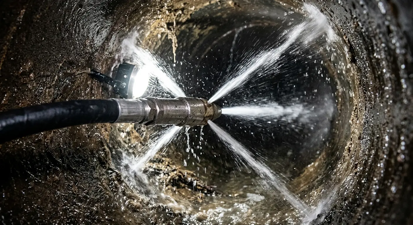 High-pressure hydro jetting nozzle cleaning sewer pipe for Emergency Drain Service in Newbury