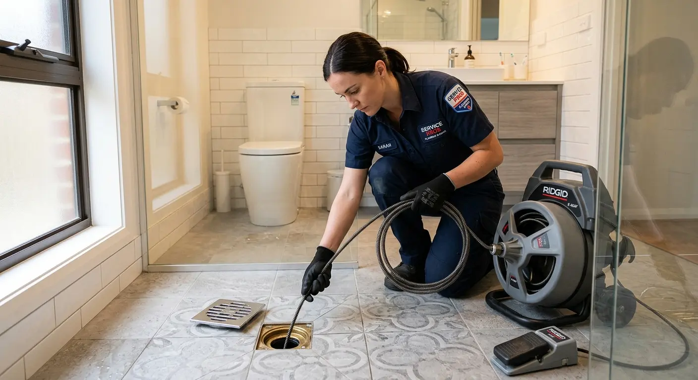 Technician clearing a bathroom floor drain for Clogged Drain Repair in Newbury